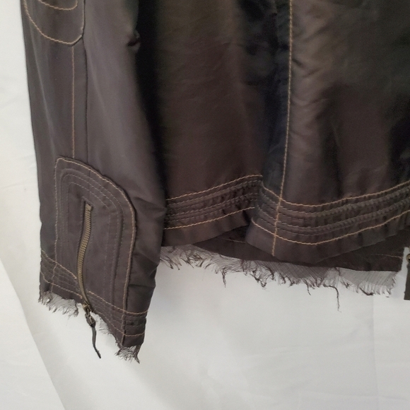 Brown Tulle Trim Moto Jacket Size XL Raw Edge Lined Retro Zipper Pockets Biker - Picture 7 of 15